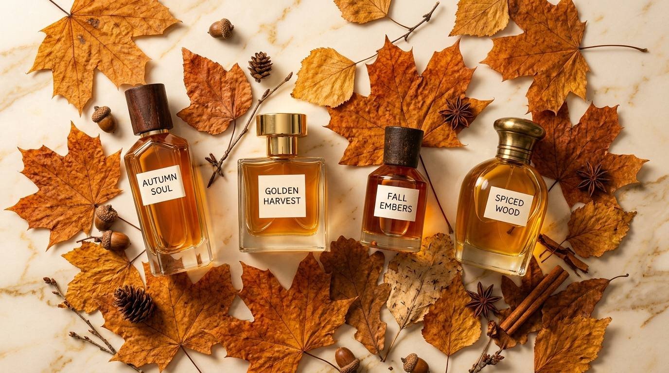 Vier Parfumflaschen zwischen Herbstblaettern