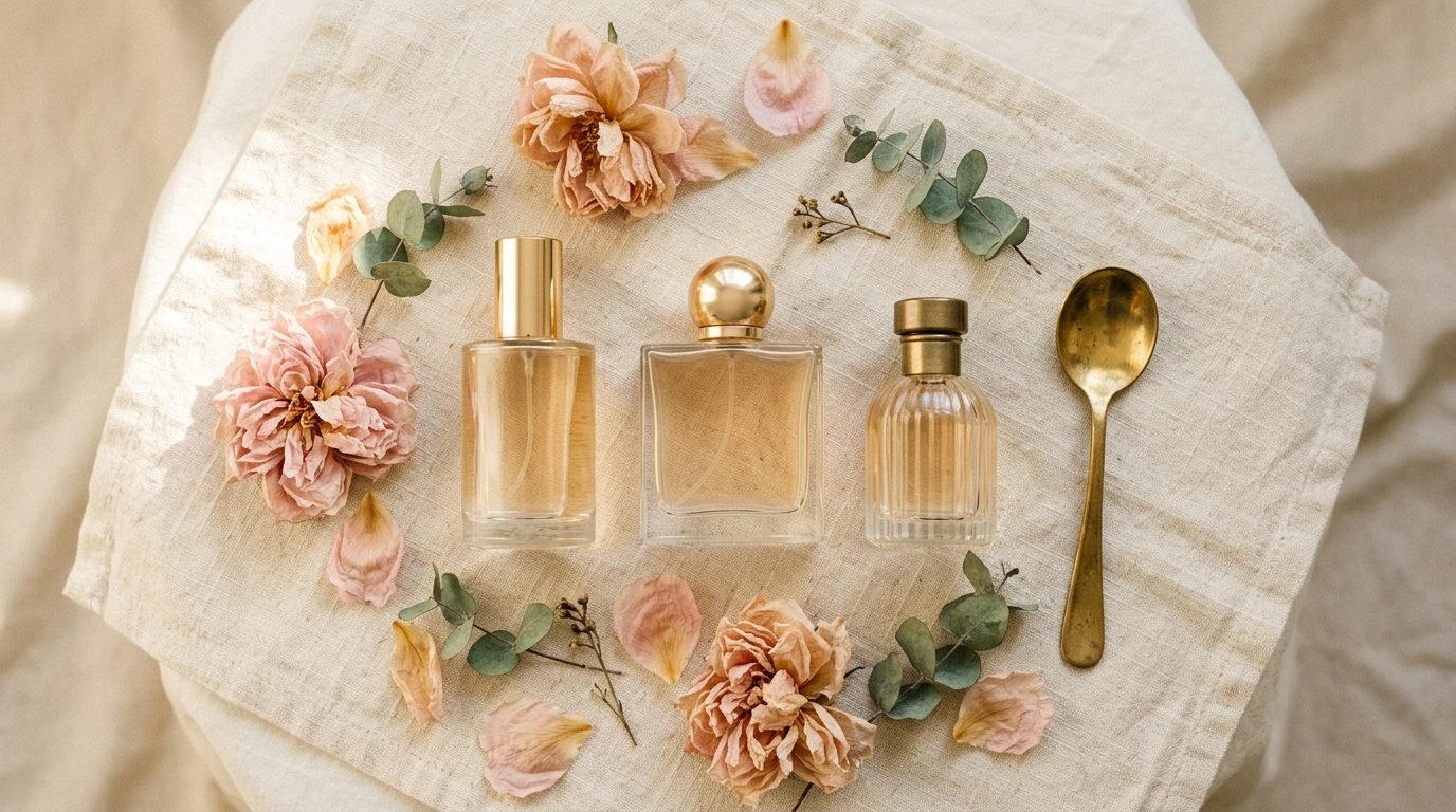 Parfümflaschen Flatlay mit Blüten – duftmood