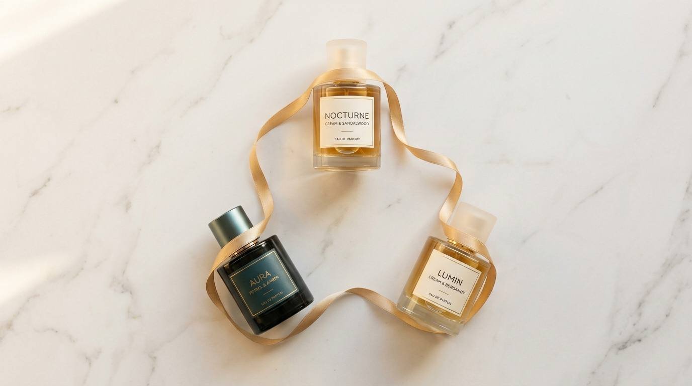 Drei Parfumflaschen mit goldener Schleife als Geschenkidee